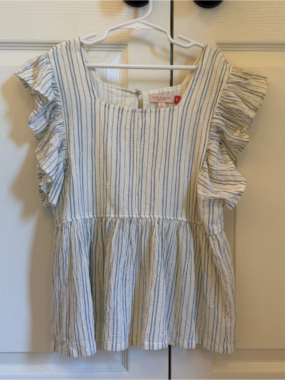 NWOT Pink Chicken Girls White and Blue Striped Ruffle Top size 14